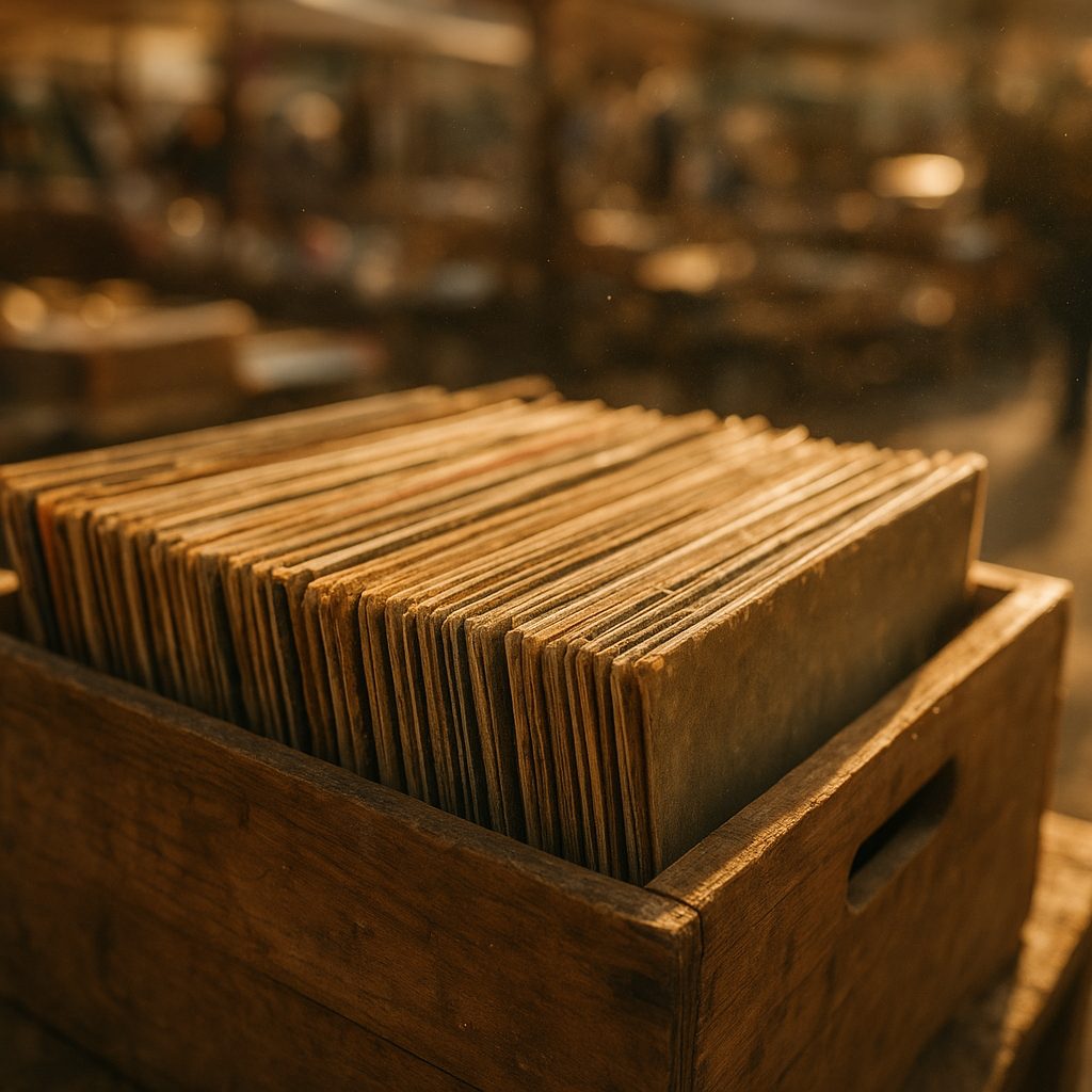 Crates of vintage vinyl records at a used record shop