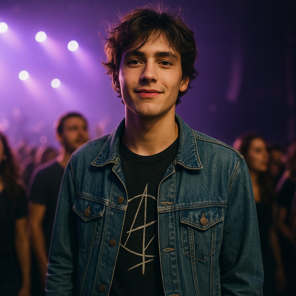 Crowd at a rock concert with band t-shirts and denim jackets